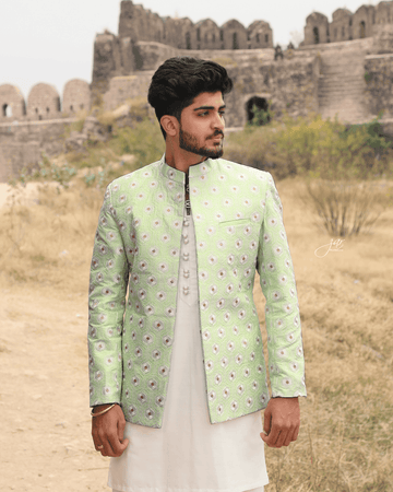 Mint Embroidered Brocade Prince Coat For Men